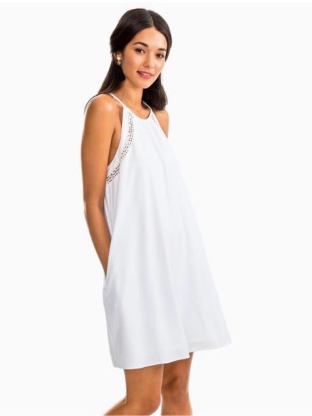 Southern Tide Christine Crochet-Trim Halter Mini Dress, White, Size XL